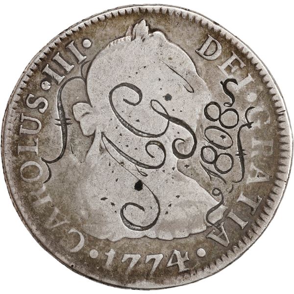 UNITED STATES, "two bit" love token, engraved script AG above 1808 date on a Mexico City, Mexico, bu