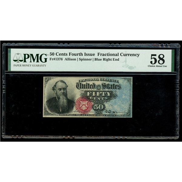 UNITED STATES, 50 cents fractional currency, fourth issue, Allison-Spinner, blue right end, PMG Choi