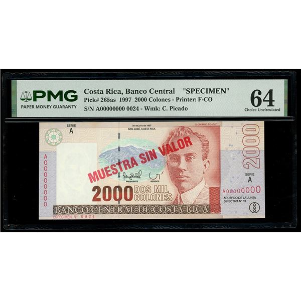 COSTA RICA, San José, Banco Central, 2000 colones specimen, 30-7-1997, series A, PMG Choice UNC 64.