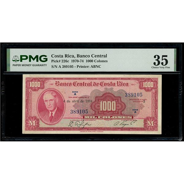 COSTA RICA, San José, Banco Central, 1000 colones, 4-4-1974, series A, serial 389105, PMG Choice VF 