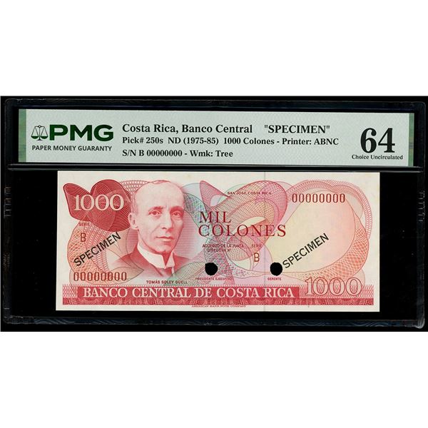 COSTA RICA, San José, Banco Central, 1000 colones specimen, (1975-85), series B, PMG Choice UNC 64.