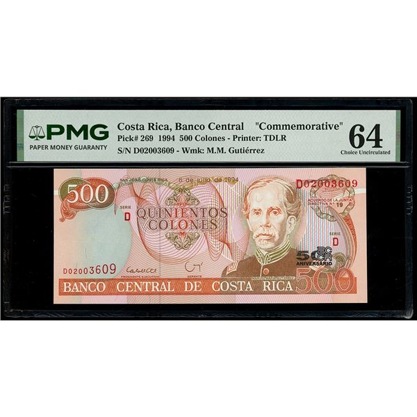 COSTA RICA, San José, Banco Central, 500 colones, 6-7-1994, series D, serial D02003609, commemorativ