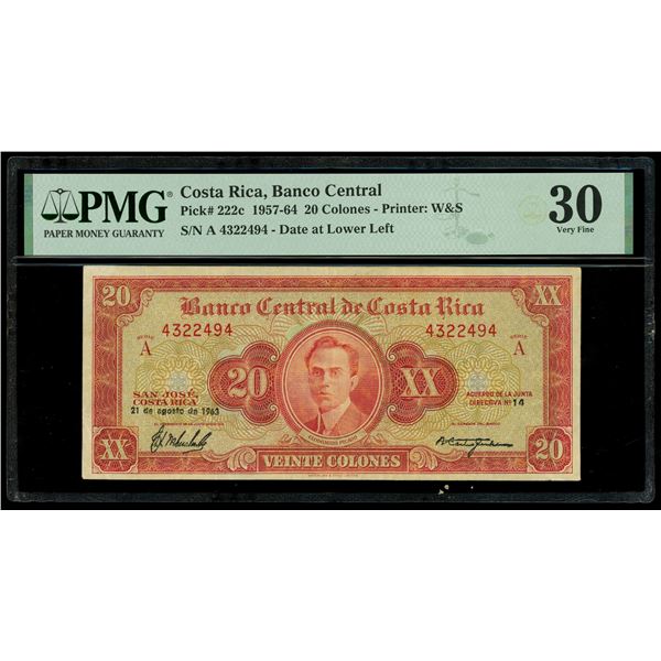 COSTA RICA, San José, Banco Central, 20 colones, 21-8-1963, series A, serial 4322494, PMG VF 30.