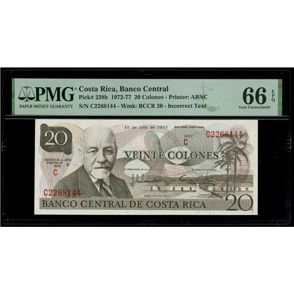 COSTA RICA, San José, Banco Central, 20 colones, 11-7-1973, series C, serial C2268144, incorrect tex