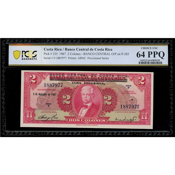 COSTA RICA, San José, Banco Central, 2 colones, 5-12-1967, series F, serial 1887977, black overprint