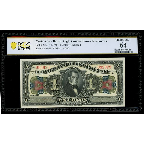COSTA RICA, San José, Banco Anglo Costarricense, 1 colón remainder, (1917), series A, serial 095929,