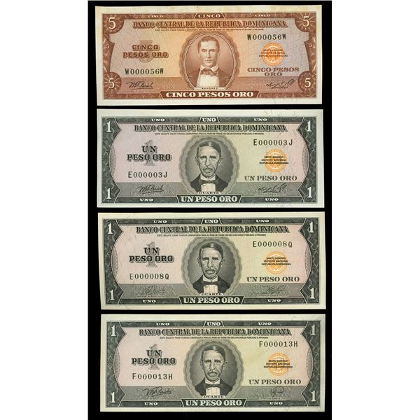 DOMINICAN REPUBLIC, lot of four low-serial number Banco Central notes, 1976-78, ex-Busto.