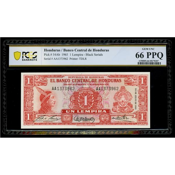 HONDURAS, Banco de Honduras, 1 lempira, 30-7-1965, serial AA1373962, PCGS Banknote Gem UNC 66 PPQ.