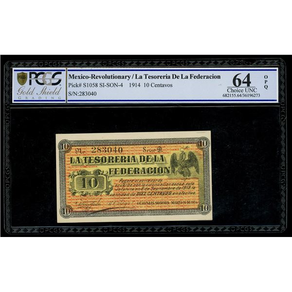 MEXICO, Sonora, Guaymas, Tesorería de la Federación, 10 centavos, 16-3-1914, series D, serial 283040