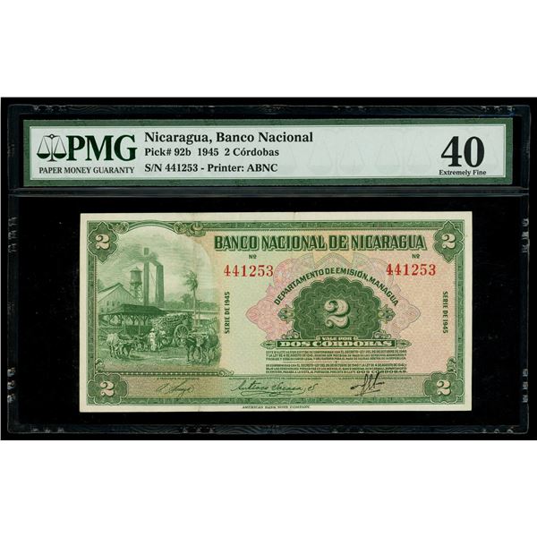 NICARAGUA, Banco Nacional, 2 córdobas, 1945, serial 441253, PMG XF 40.