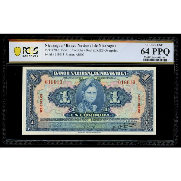NICARAGUA, Banco Nacional, 1 córdoba, 1951, serial 618013, PCGS Banknote Choice UNC 64 PPQ, "top pop