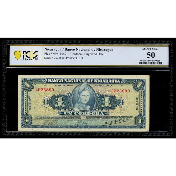 NICARAGUA, Banco Nacional, 1 córdoba, 1957, serial 2923890, PCGS Banknote About UNC 50, finest and o