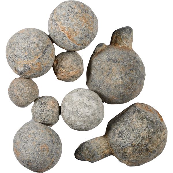 Lot of nine lead musketballs, including two split-shot halves, four large and three small balls, ex-