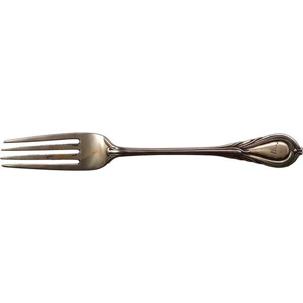 Silver-plated dinner fork with maker's marks on bottom and initial W on top, ex-Medina (1917).