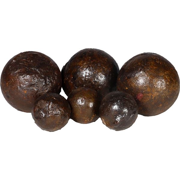 Lot of six small iron grapeshot balls, Spanish colonial (1500s-1700s).