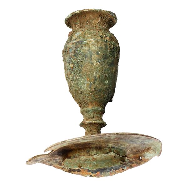 Brass candlestick holder (two parts), intact but heavily patinated, Spanish colonial, 1500s-1600s.