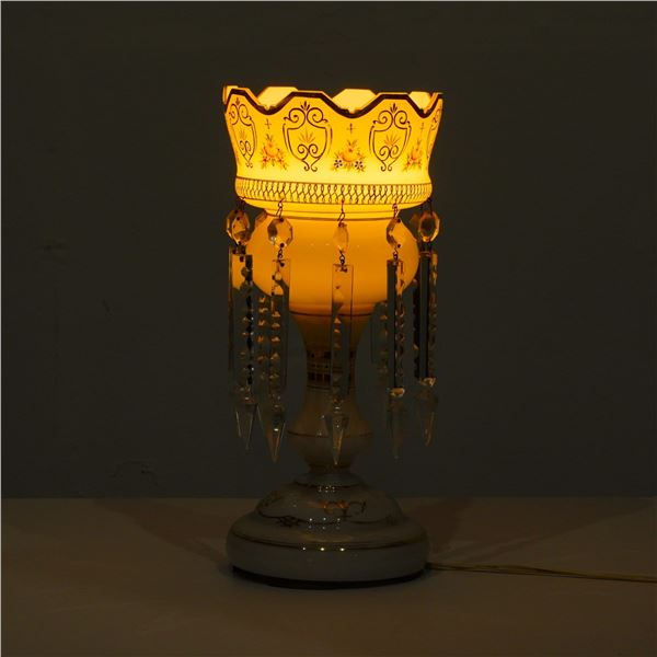 Continental Victorian Style Hand-Painted Milk Glass Mantel Luster Lamp