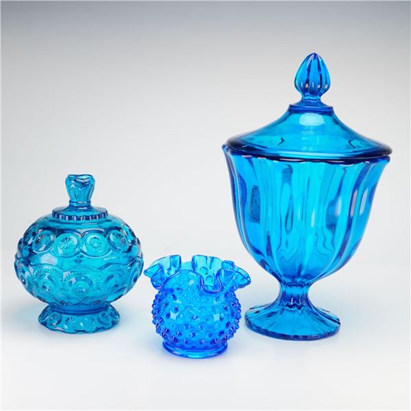 L.E. Smith and Fenton Peacock Blue Glass Moon and Star and Hobnail Collection
