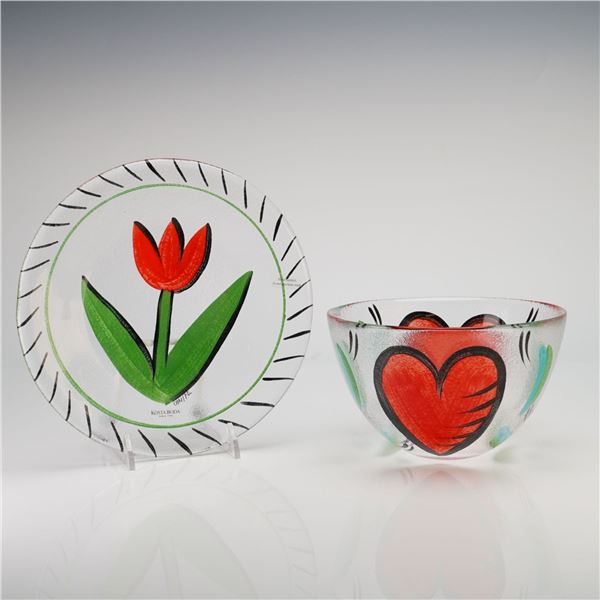 2pc Kosta Boda by Ulrica Hydman-Vallien Hand-Painted Art Glass Bowl and Underplate