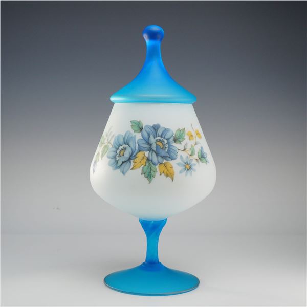 Mid-Century Bristol Blue Hand-Painted Floral Satin Glass Lidded Swirl Stem Candy Jar