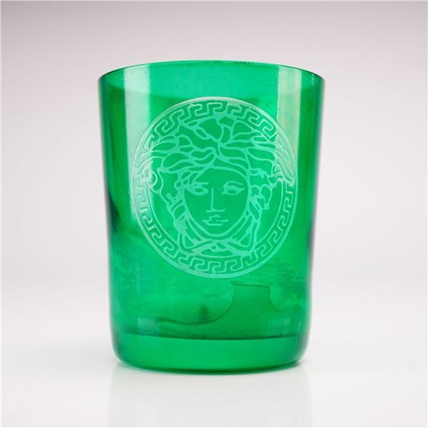 Rosenthal for Versace, Etched Medusa Emerald Green Glass Votive Candle Holder