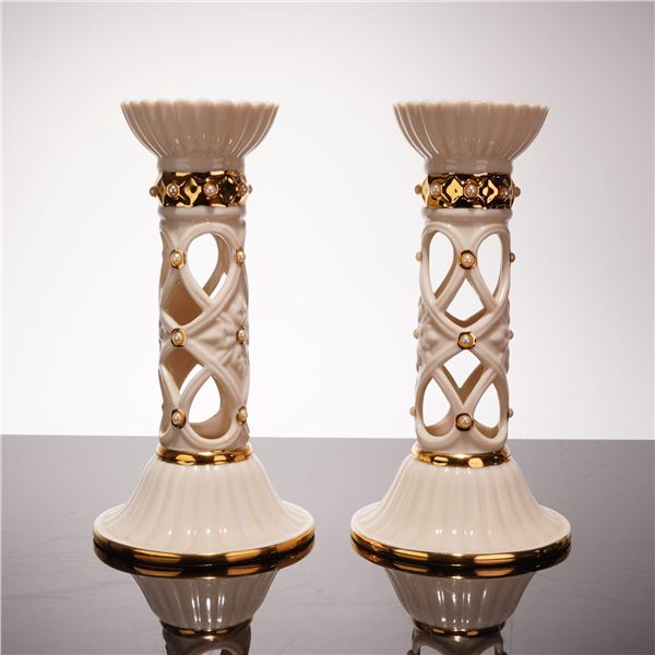 Pair of Lenox Florentine & Pearl Porcelain Candle Holders