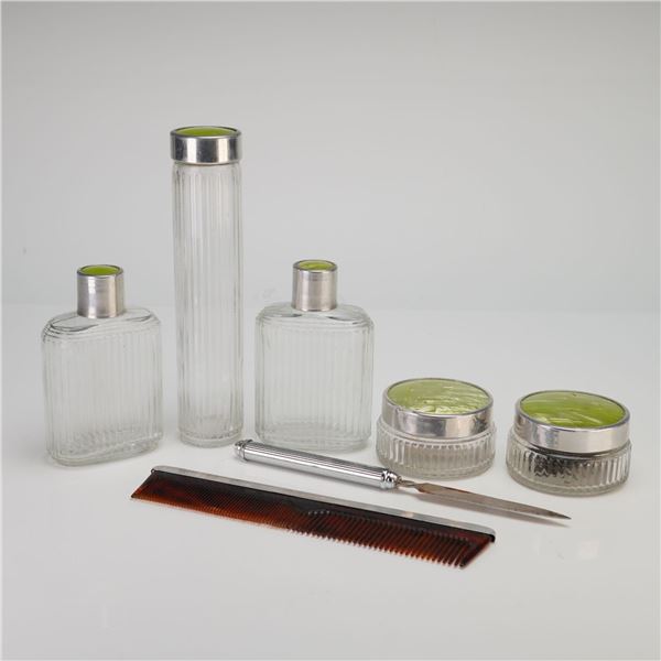Art Deco 5pc Enamel and Glass Vanity Set with Green Guilloche