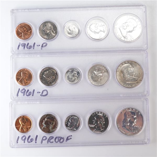 3pc 1961, 1961 D,P U.S. Mint Proof and Coin Sets