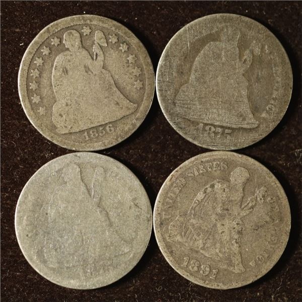 4 SILVER SEATED LIBERTY DIMES: 1856, 2-1875 AND