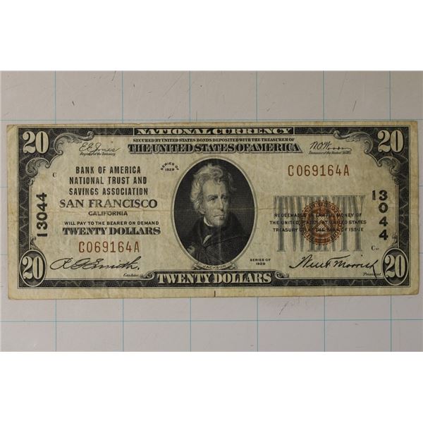 1929 US $20 NATIONAL CURRENCY OF SAN FRANCISCO