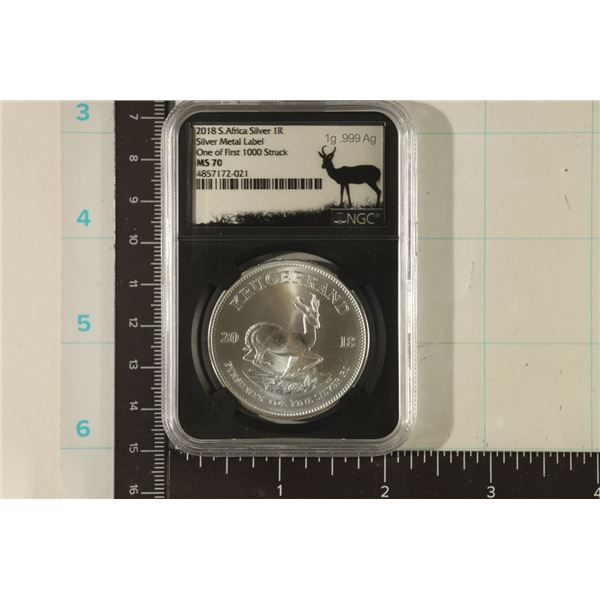 2018 S. AFRICA SILVER 1 RAND WITH 1G .999 AG LABEL