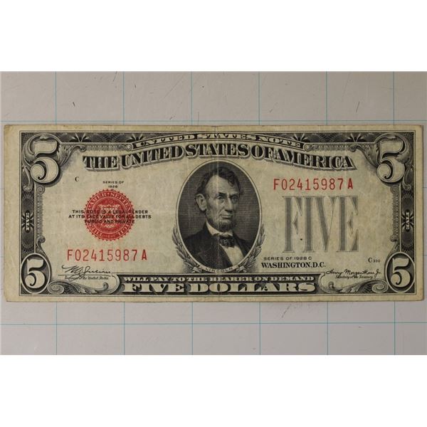 1928-C US $5 RED SEAL NOTE F02415987A