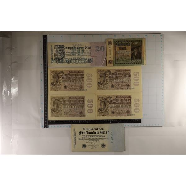 7-GERMAN BILLS: 1-5000, 4-CRISP UNC 500 MILLION,