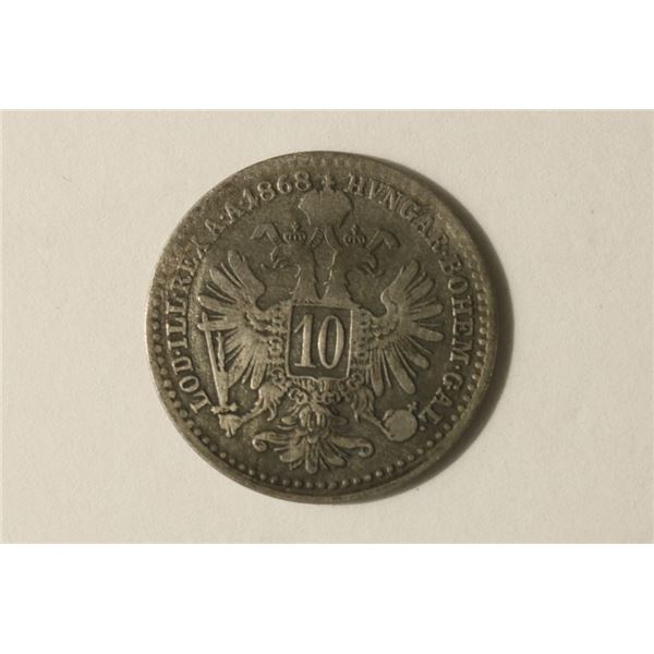 1868 AUSTRIA SILVER 10 KREUZER  .0214  OZ. ASW