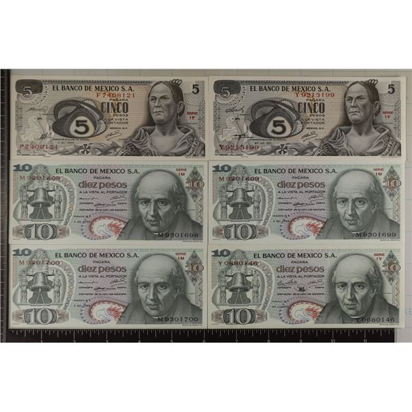 6-CRISP UNC MEXICO BILLS: 2-5 PESOS AND 4-10 PESOS