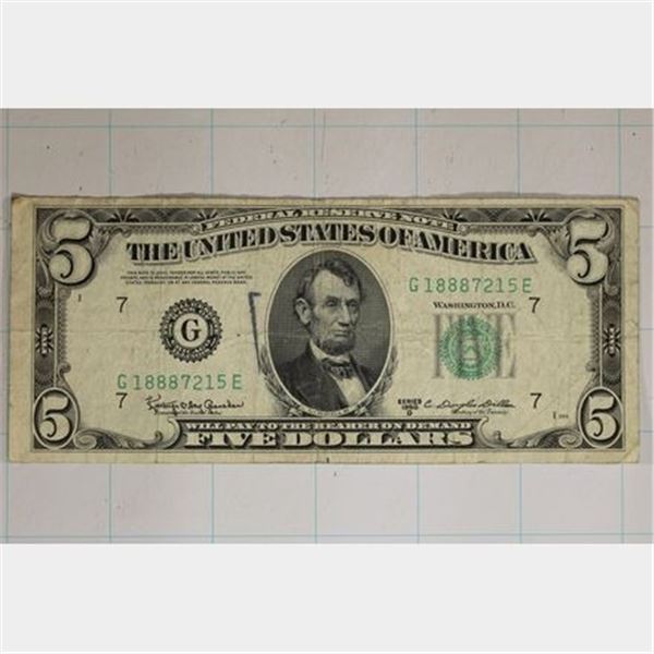1950-D US $5 FRN, GREEN SEAL INK STAMP MARK OBV.