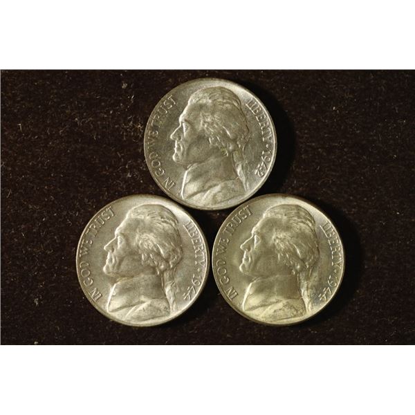 1942-P & 2-1944-P 35% SILVER JEFFERSON WAR NICKELS