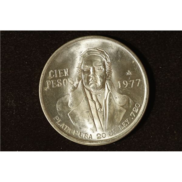 1977 MEXICO SILVER 100 PESO UNC COIN .6428 OZ. ASW