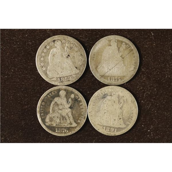 4-SEATED LIBERTY DIMES: 1853 WITH ARROWS, 1875,