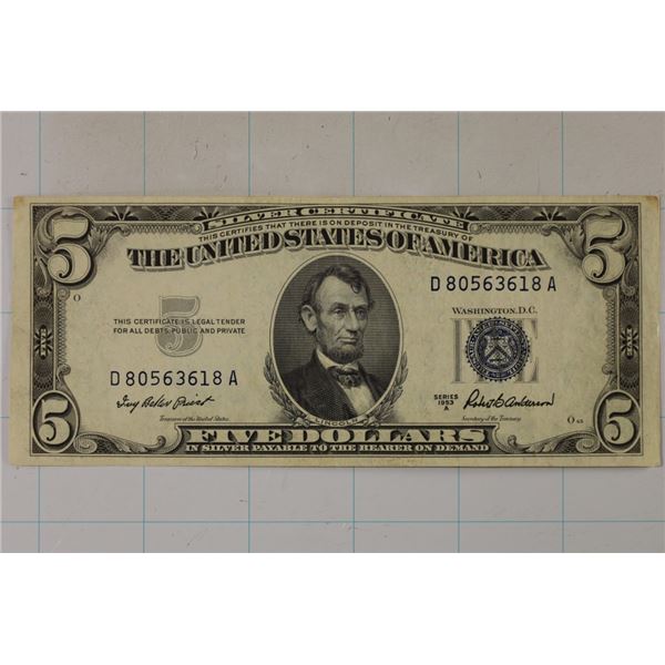 1953-A US $5 SILVER CERTIFICATE CRISP AU UNC BLUE