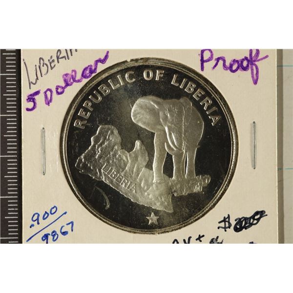 1973 LIBERIA SILVER PROOF $5 COIN .9867 OZ. ASW