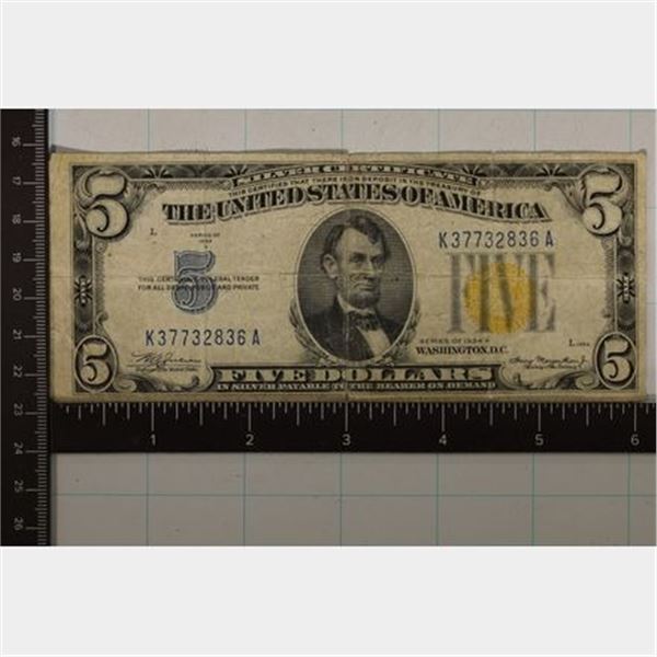 1934-A US $5 NORTH AFRICA YELLOW SEAL SILVER CERT