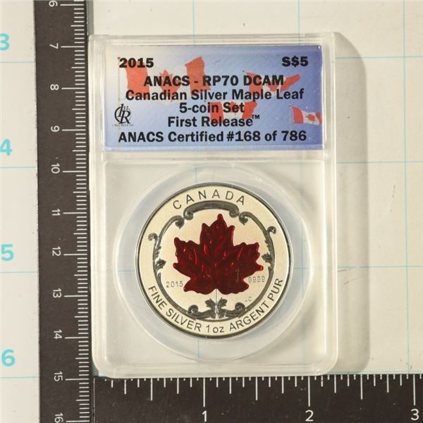 2015 CANADA REVERSE PF $5 MAPLE LEAF ANACS RP70