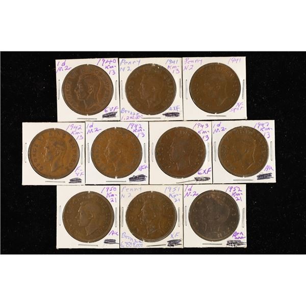 10 NEW ZEALAND 1 PENNY COINS: 1940-1952