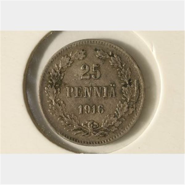 1916 FINLAND SILVER 25 PENNIA .0307 OZ. ASW