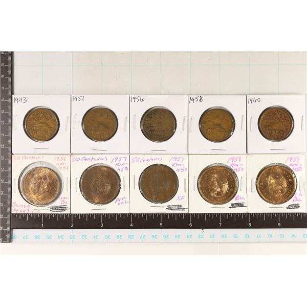 10 ASSORTED MEXICO COINS: FIVE-20 CENTAVOS AND