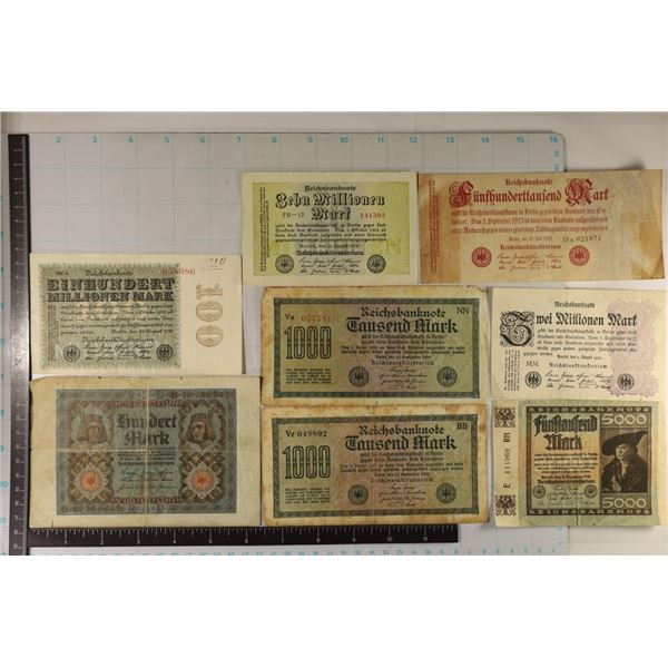 8 GERMAN ASSORTED BILLS: 1920-100 MARK, 1923-100