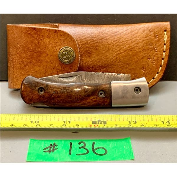 Damascus Steel Custom Handmade 260+ Folds Lock-Blade Knife Brown Wood Handle with Leather Sheath