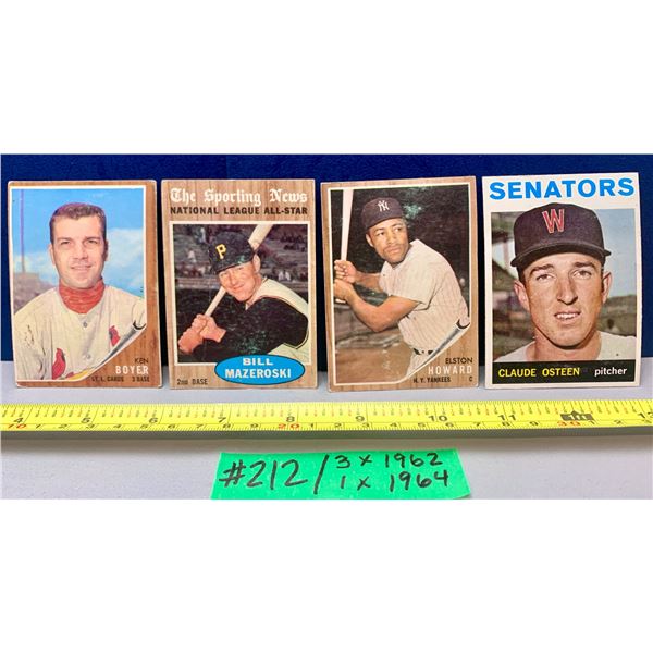 MLB Baseball Card - 3 x 1962 & 1 x 1964 Vintage Lot: Boyer; Mazeroski; Howard & Osteen