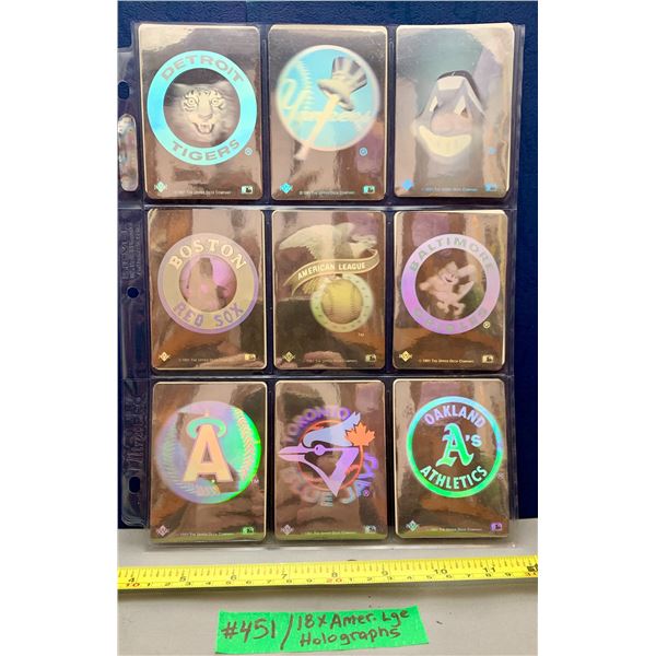 MLB Baseball Card - 18 x Amrican League 1991 - 92 Upper Deck Hologram Sticker Cards